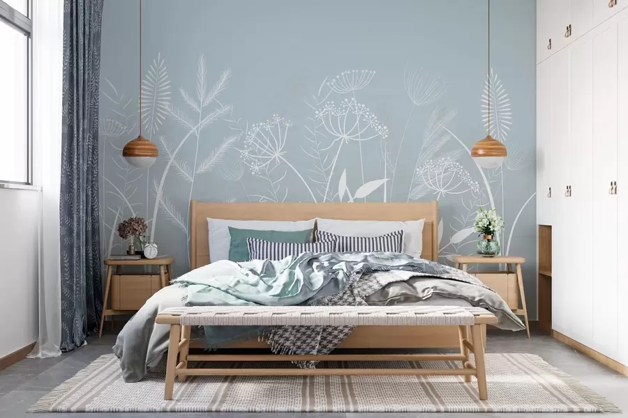 wall murals нежне ручно осликане дивље траве и цвеће на сиво-плавој позадини w05383