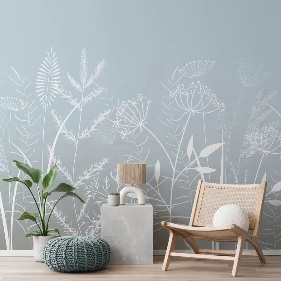 wall murals нежне ручно осликане дивље траве и цвеће на сиво-плавој позадини w05383