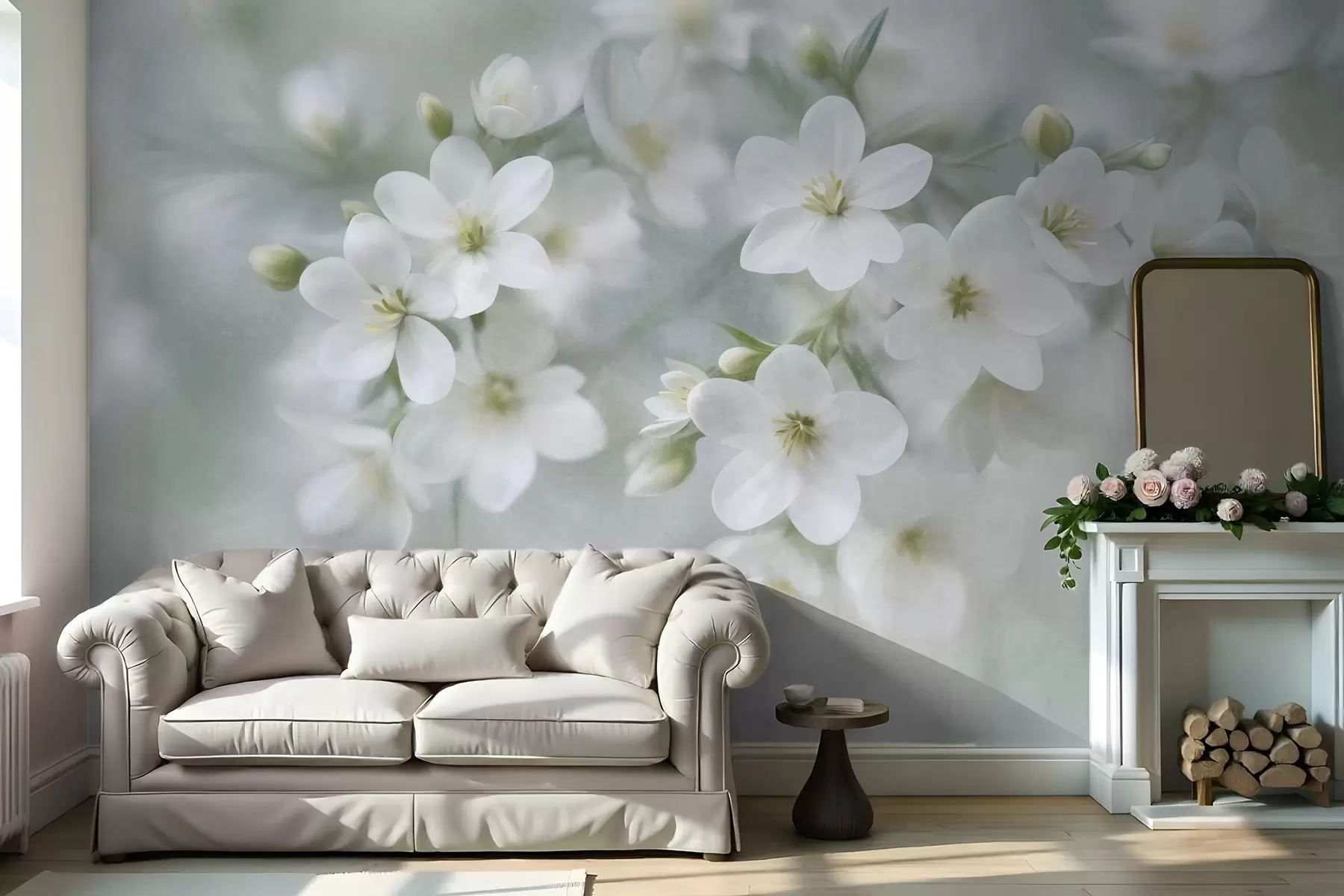 wall murals Нежно текстурирано бело цвеће нежно замућено у позадини w09759
