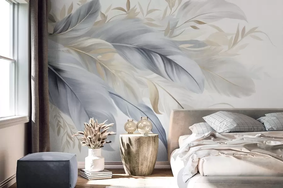wall murals Текстурирано перје пастелних боја и нежно лишће на светлој позадини w09763