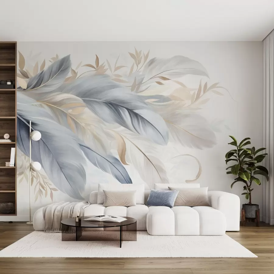 wall murals Текстурирано перје пастелних боја и нежно лишће на светлој позадини w09763