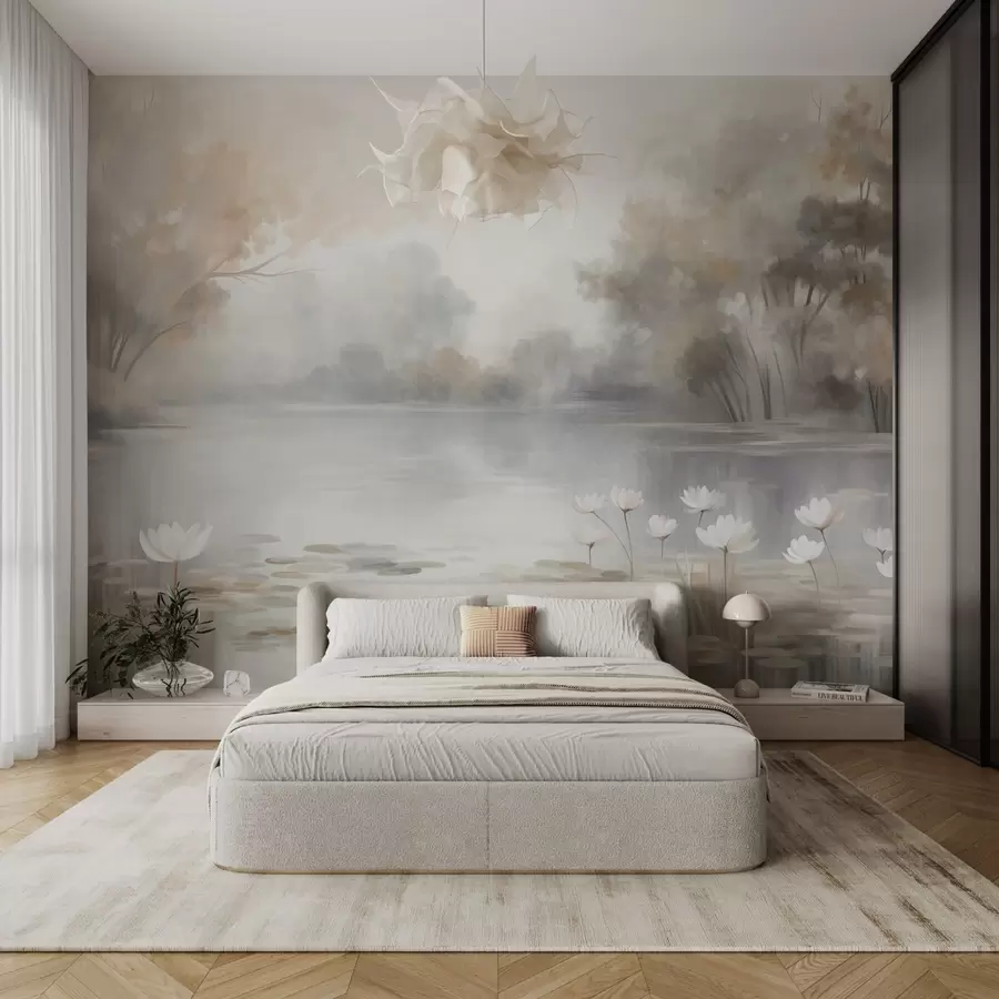 wall murals Текстурирани пејзаж, језеро са белим локвањама, окружено дрвећем у пригушеним бојама w09768