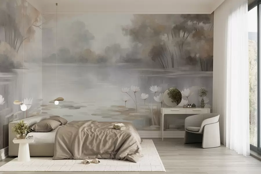 wall murals Текстурирани пејзаж, језеро са белим локвањама, окружено дрвећем у пригушеним бојама w09768