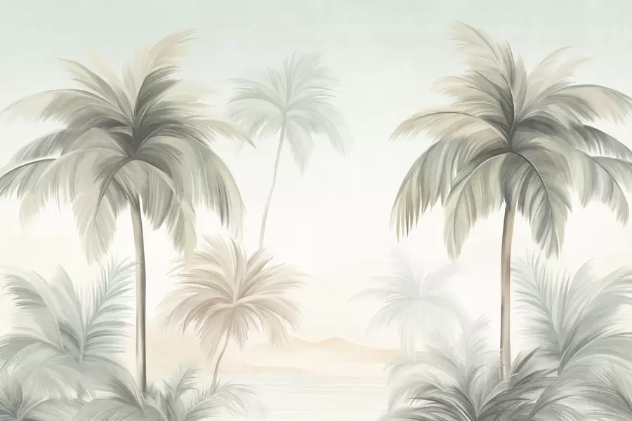 wall murals Дрвеће текстуриране палмама са пригушеним зеленим и беж листовима уз меко небо w09770