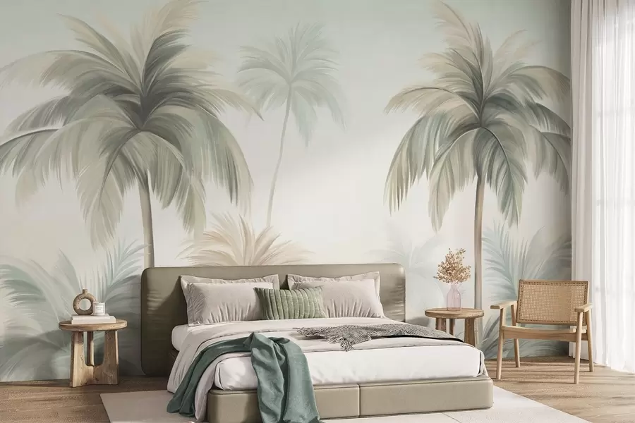 wall murals Дрвеће текстуриране палмама са пригушеним зеленим и беж листовима уз меко небо w09770