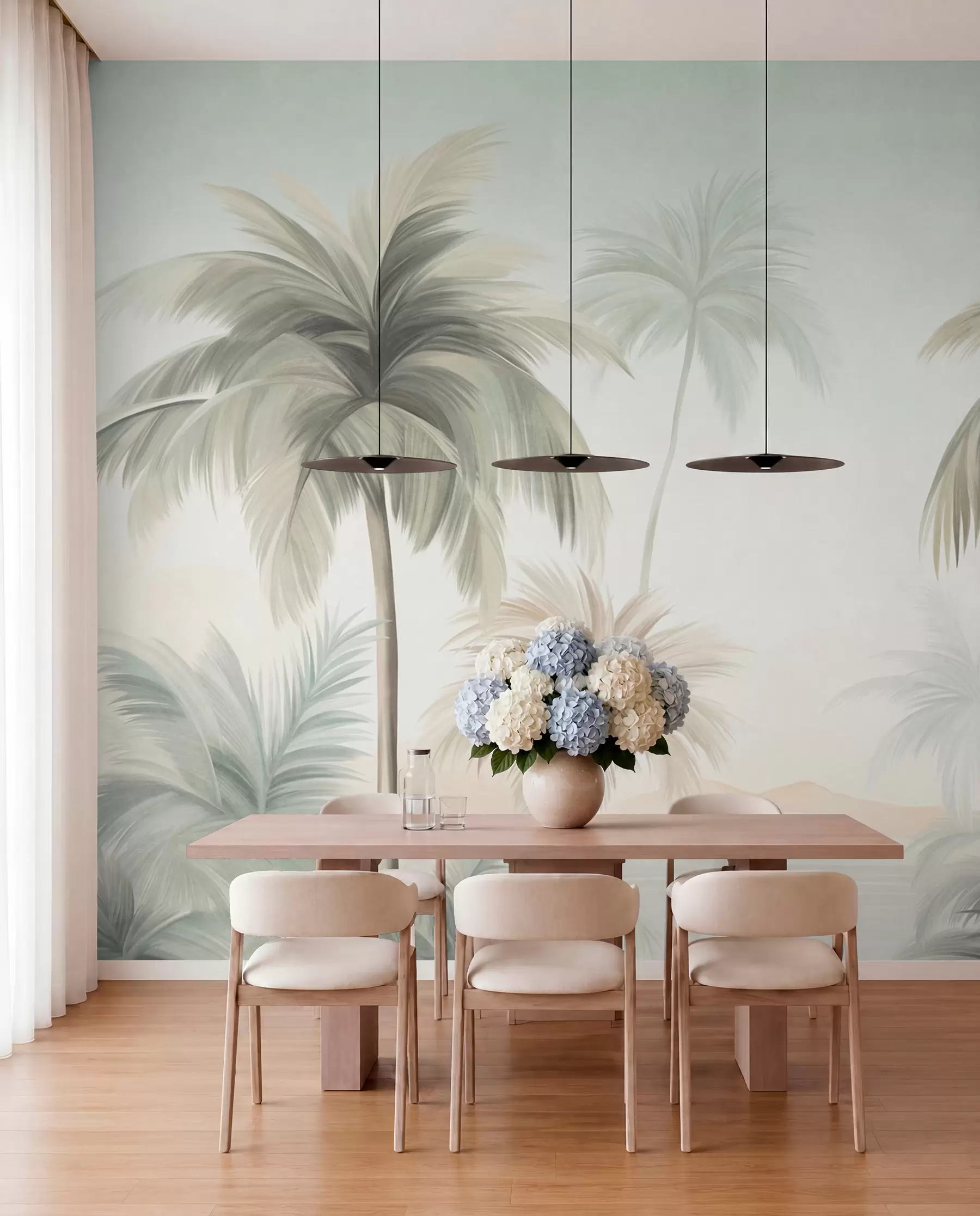 wall murals Дрвеће текстуриране палмама са пригушеним зеленим и беж листовима уз меко небо w09770