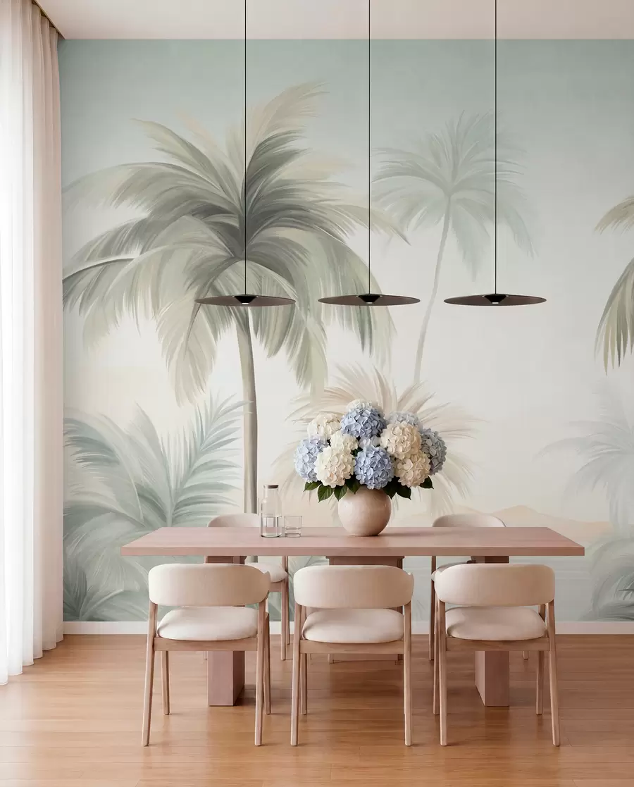 wall murals Дрвеће текстуриране палмама са пригушеним зеленим и беж листовима уз меко небо w09770
