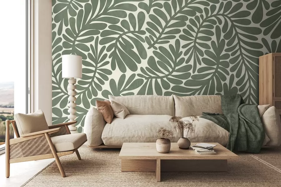 wall murals Стилизовано зелено лишће на светлој позадини, текстурирана уметност w09775v2