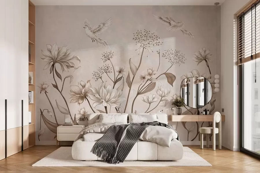 wall murals Светло цвеће и птице на мекој позадини w05118
