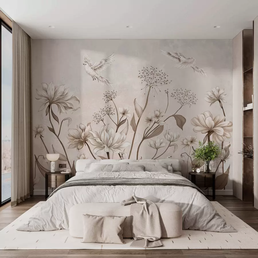 wall murals Светло цвеће и птице на мекој позадини w05118