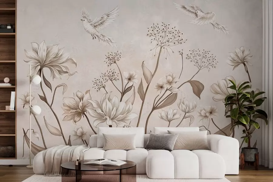 wall murals Светло цвеће и птице на мекој позадини w05118