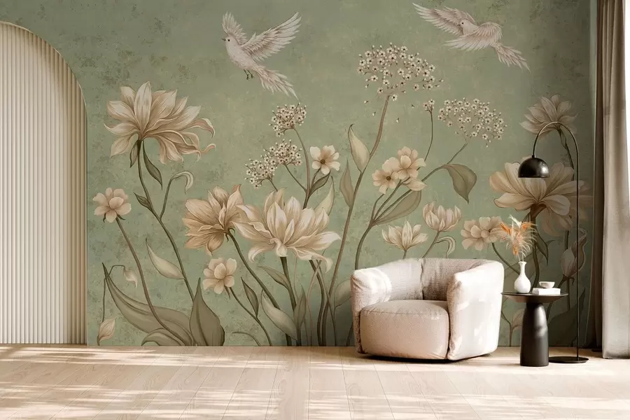 wall murals Цвеће и птице на зеленој текстурираној позадини w05118v1