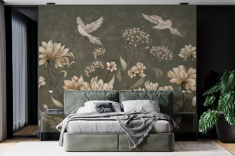 wall murals Цвеће и птице на тамнозеленој позадини w05118v3