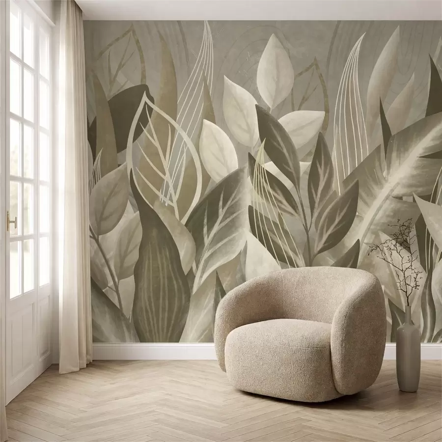 wall murals Апстрактни листови у беж и зеленим тоновима w05148