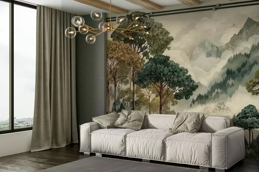 wall murals Шума са високим дрвећем у магловитим планинама w05410