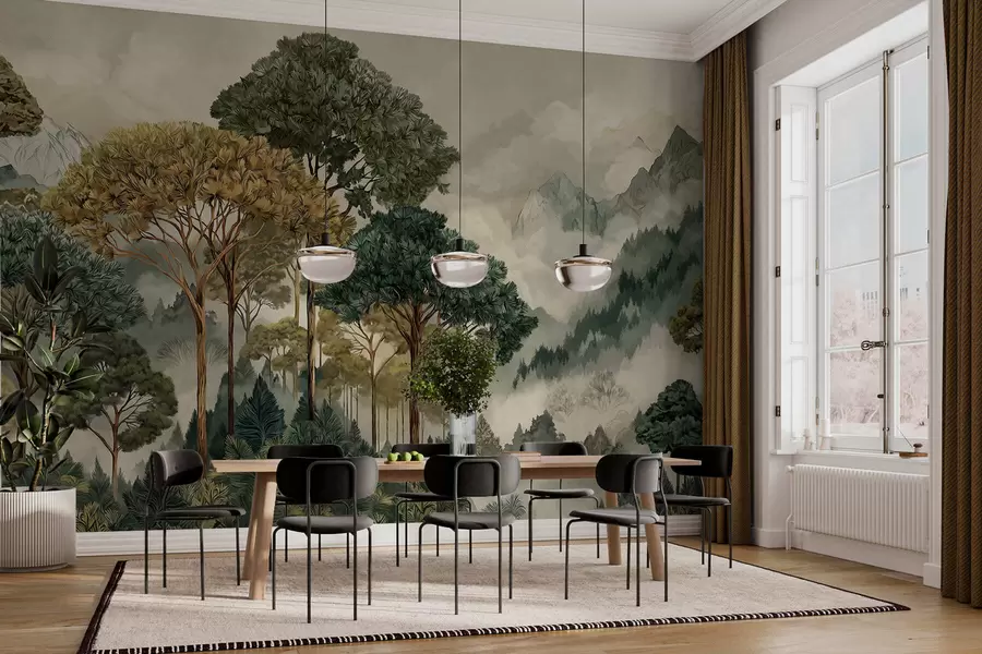 wall murals Шума са високим дрвећем у магловитим планинама w05410