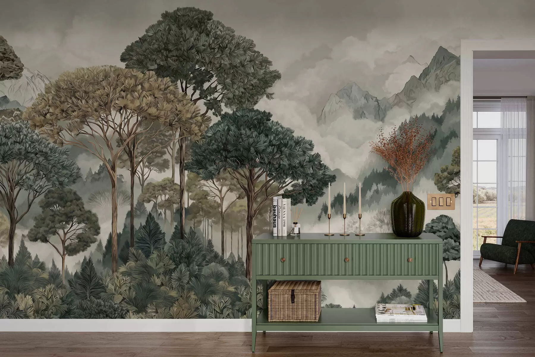 wall murals Планински пејзаж са шумом у меким тоновима w05410v1