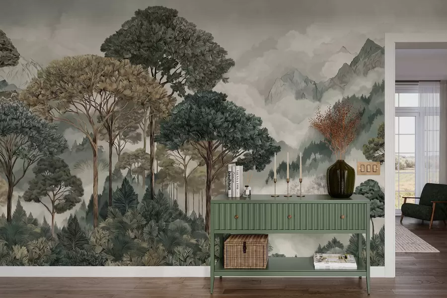 wall murals Планински пејзаж са шумом у меким тоновима w05410v1