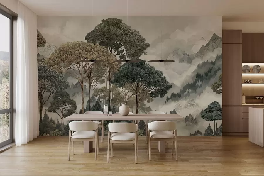 wall murals Планински пејзаж са шумом у меким тоновима w05410v1