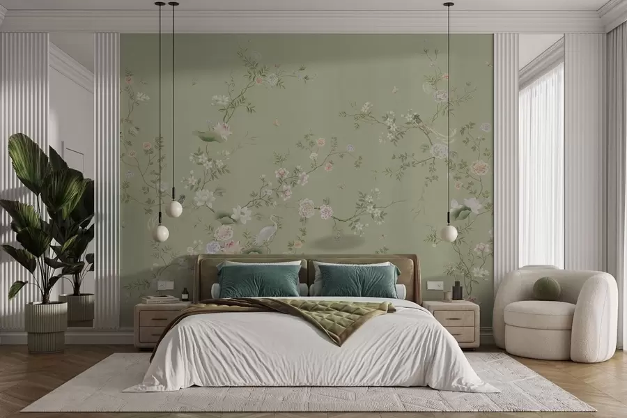 wall murals Цветне гране са птицама на светло зеленој боји w05416