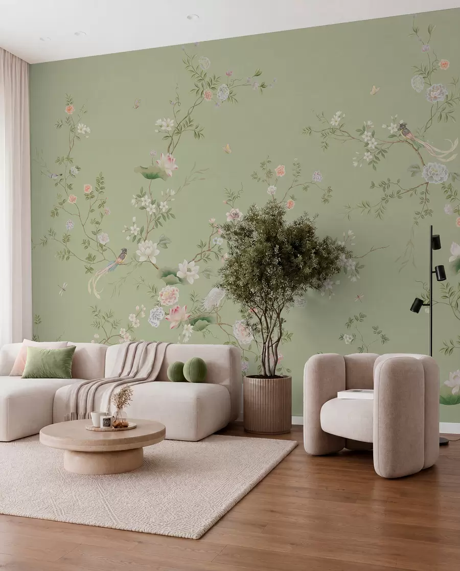 wall murals Цветне гране са птицама на светло зеленој боји w05416