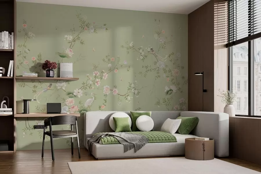 wall murals Цветне гране са птицама на светло зеленој боји w05416