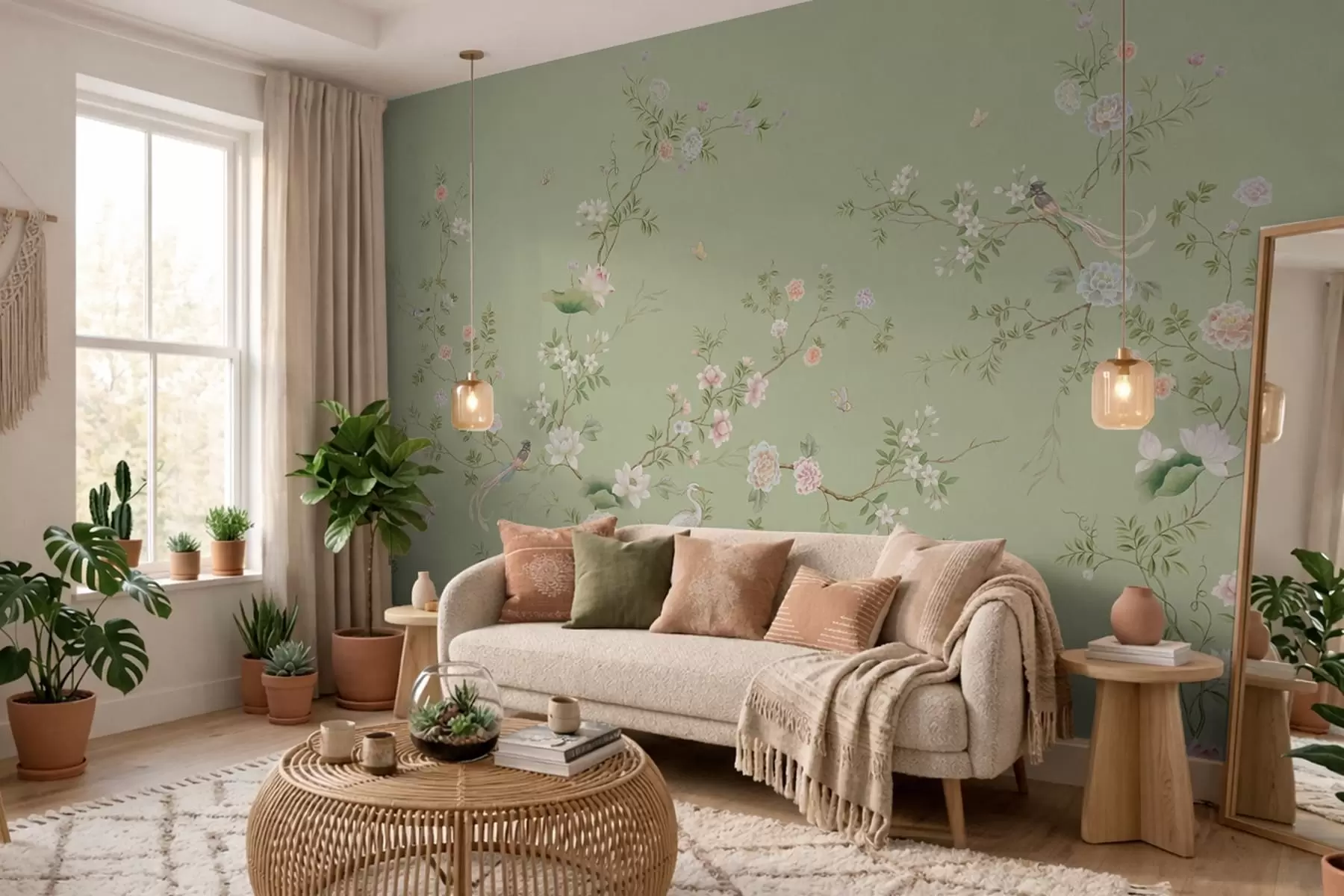 wall murals Цветне гране са птицама на светло зеленој боји w05416