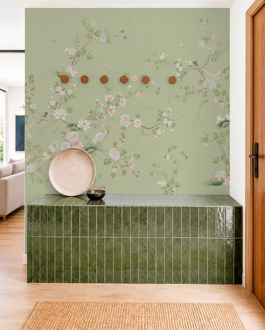 wall murals Цветне гране са птицама на светло зеленој боји w05416