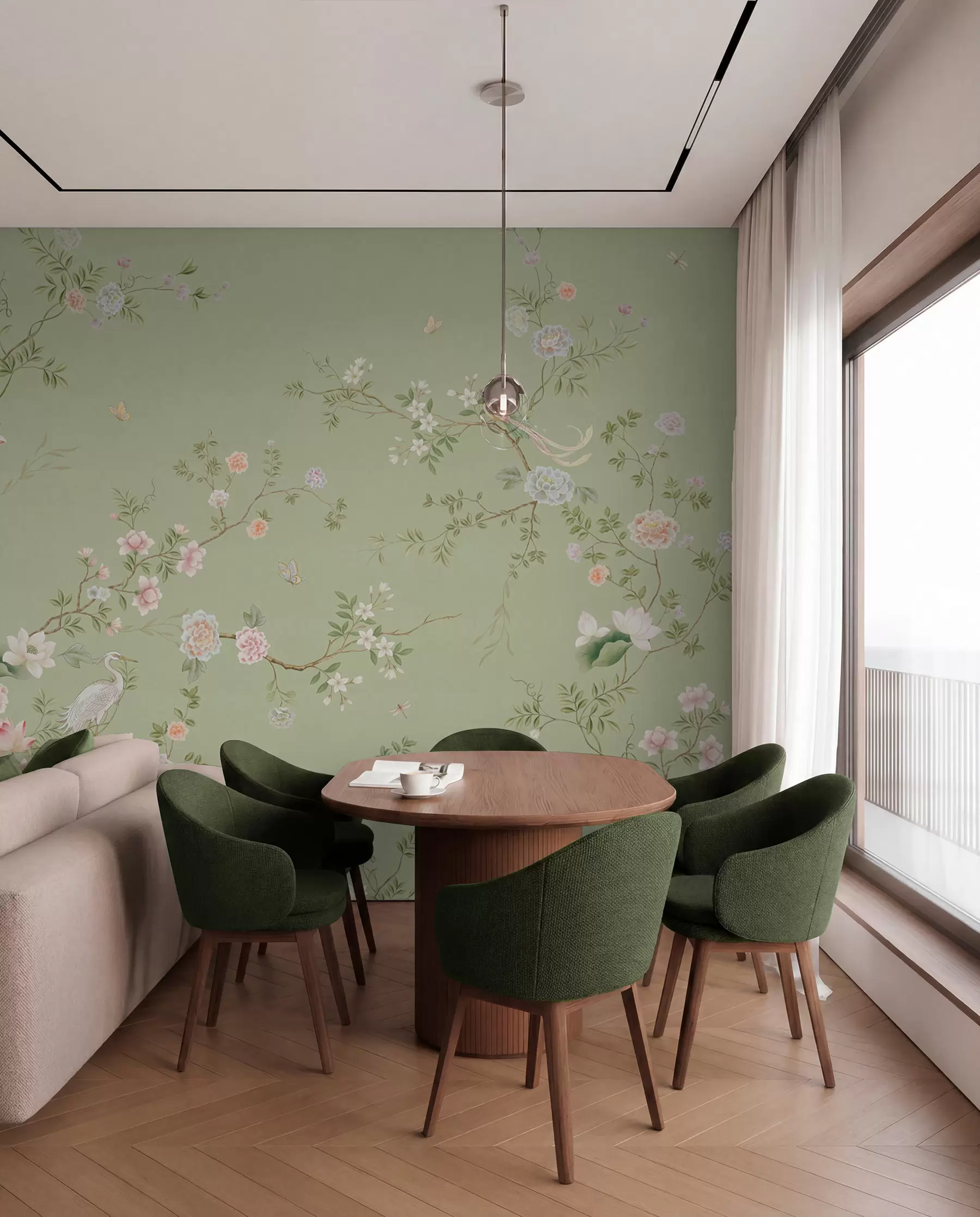 wall murals Цветне гране са птицама на светло зеленој боји w05416