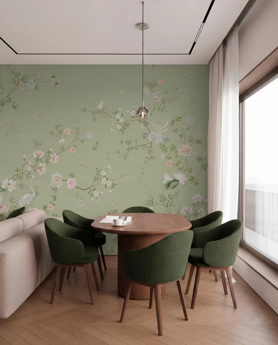 wall murals Цветне гране са птицама на светло зеленој боји w05416