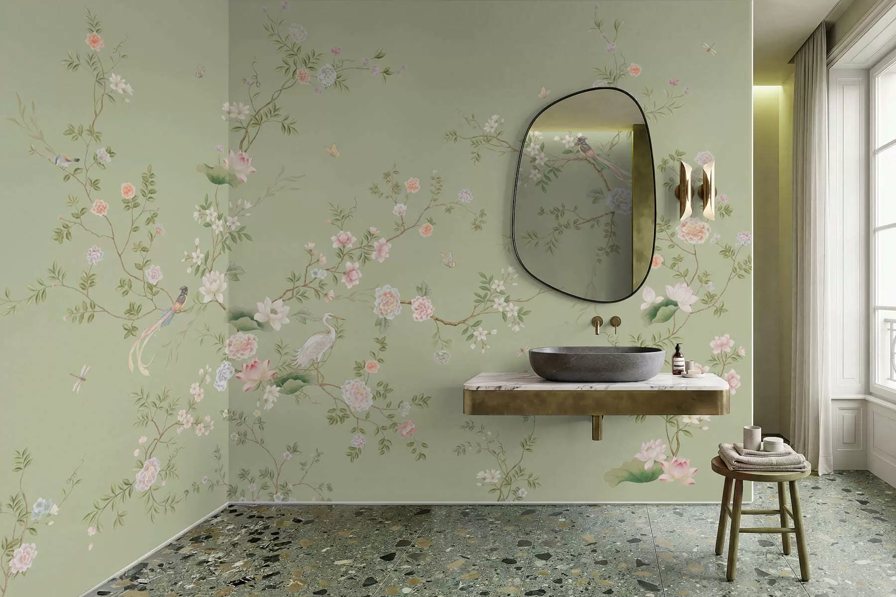 wall murals Цветне гране са птицама на светло зеленој боји w05416