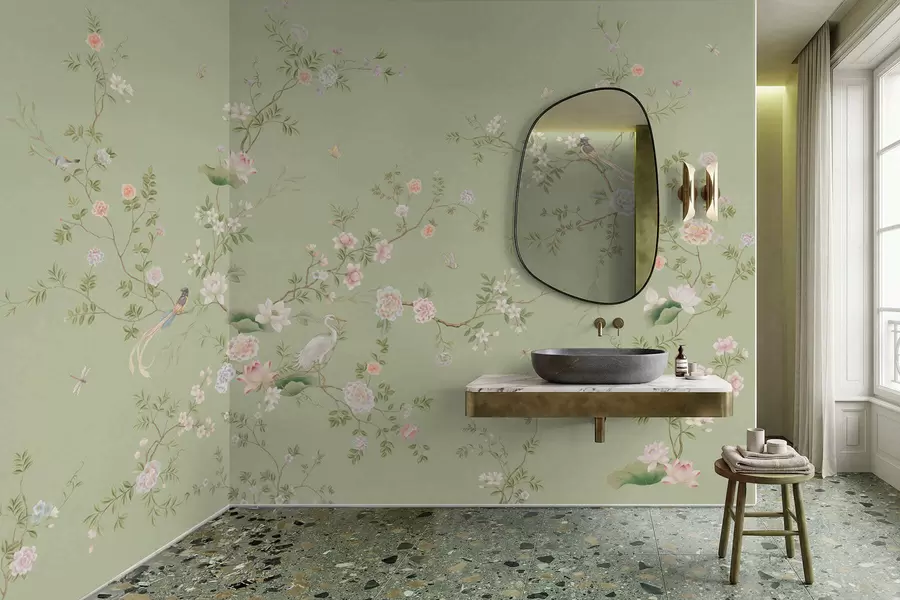 wall murals Цветне гране са птицама на светло зеленој боји w05416