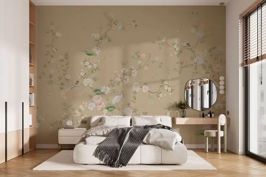 wall murals Цветне гране са птицама на топлој беж боји w05416v2