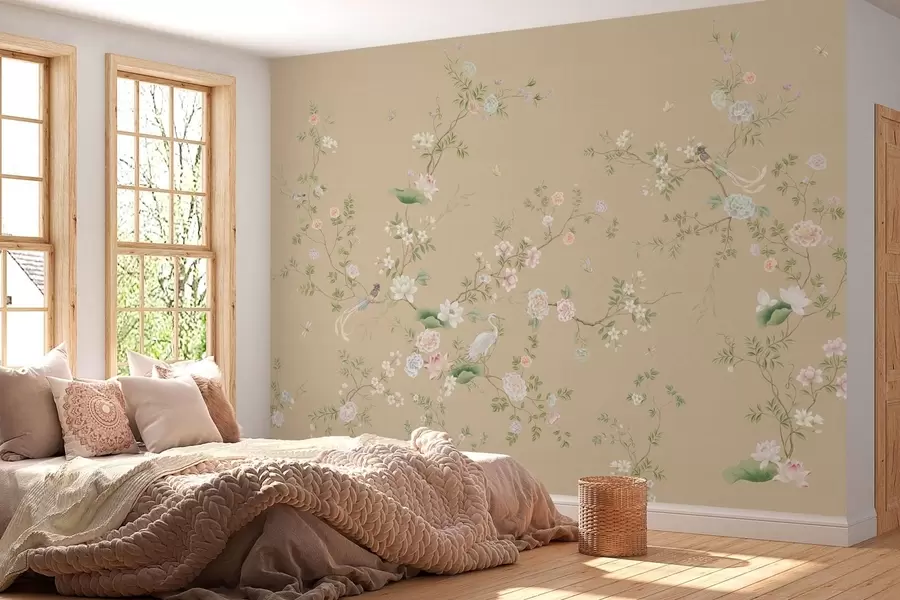 wall murals Цветне гране са птицама на топлој беж боји w05416v2