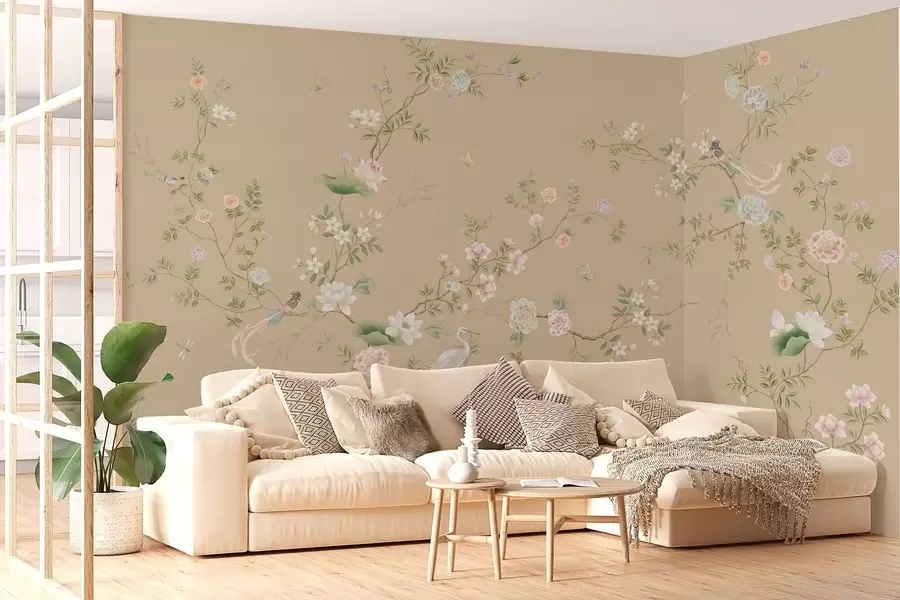 wall murals Цветне гране са птицама на топлој беж боји w05416v2