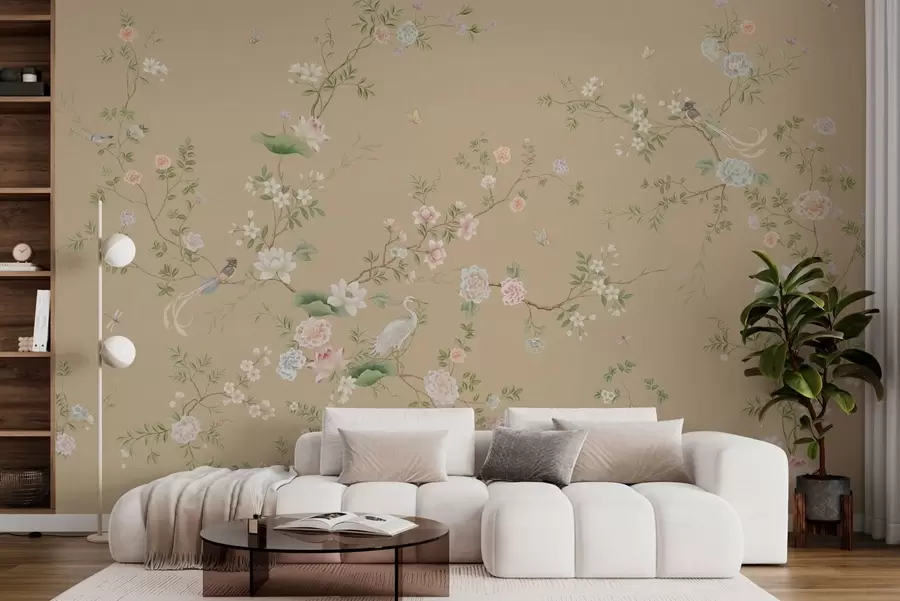 wall murals Цветне гране са птицама на топлој беж боји w05416v2