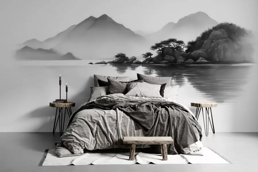wall murals Црно-бели пејзаж са планинама и језером у мекој магли w09803