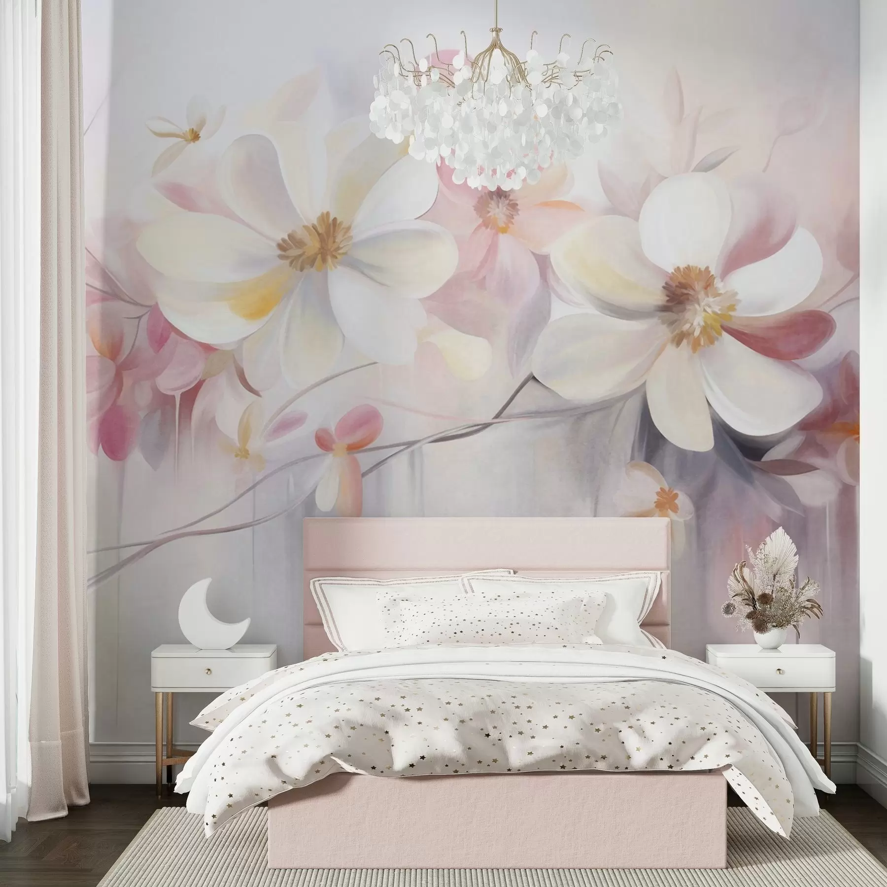 wall murals Бело и ружичасто цвеће са нежним латицама текстурираном уметношћу, апстрактна, мека позадина w09811