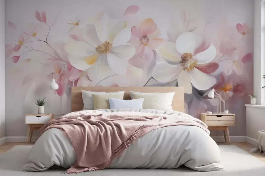 wall murals Бело и ружичасто цвеће са нежним латицама текстурираном уметношћу, апстрактна, мека позадина w09811