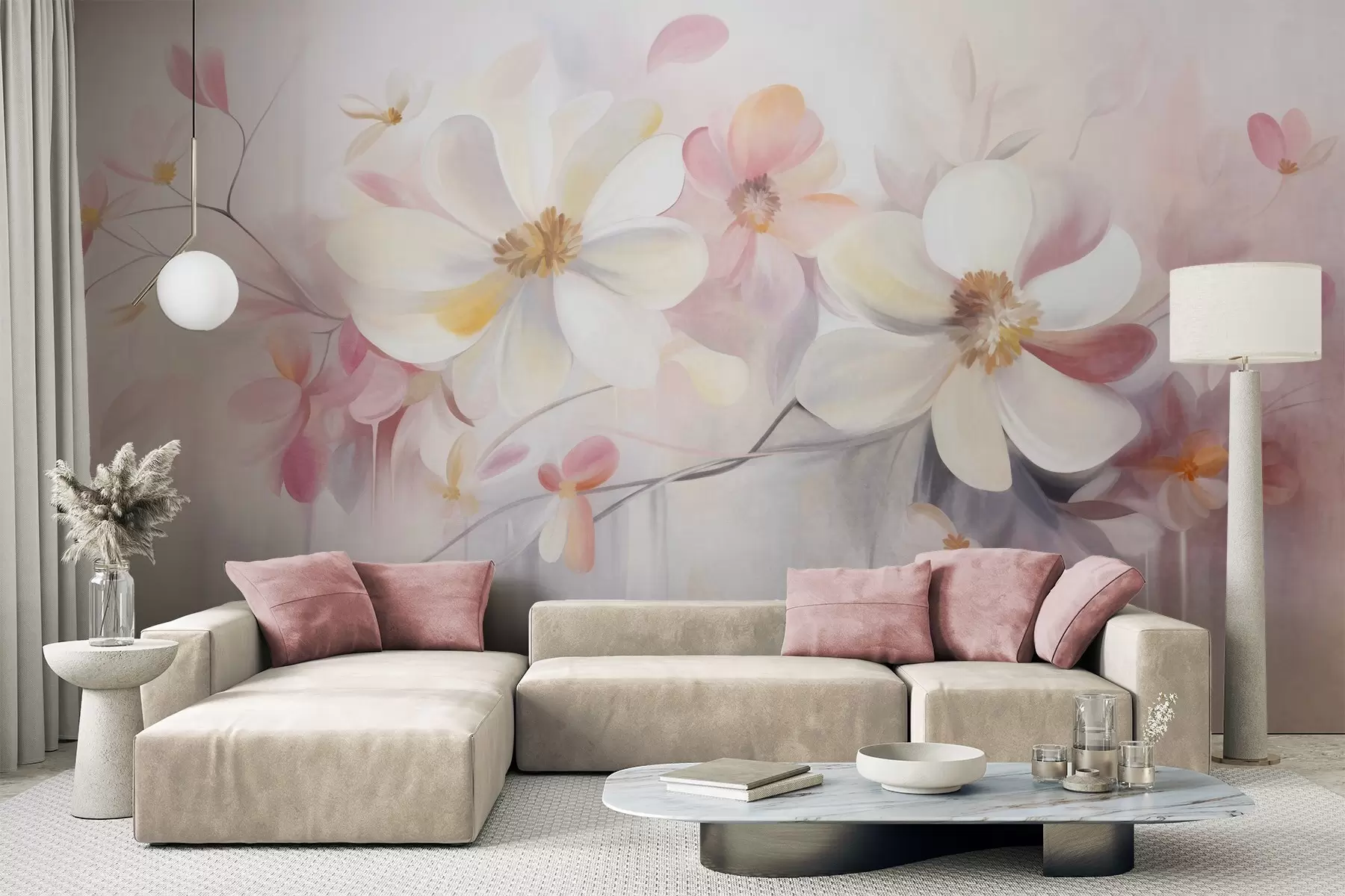wall murals Бело и ружичасто цвеће са нежним латицама текстурираном уметношћу, апстрактна, мека позадина w09811
