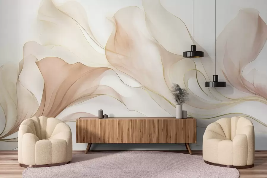 wall murals Апстрактна текућа текстура у нијансама брескве и крема са нежним линијама w09815