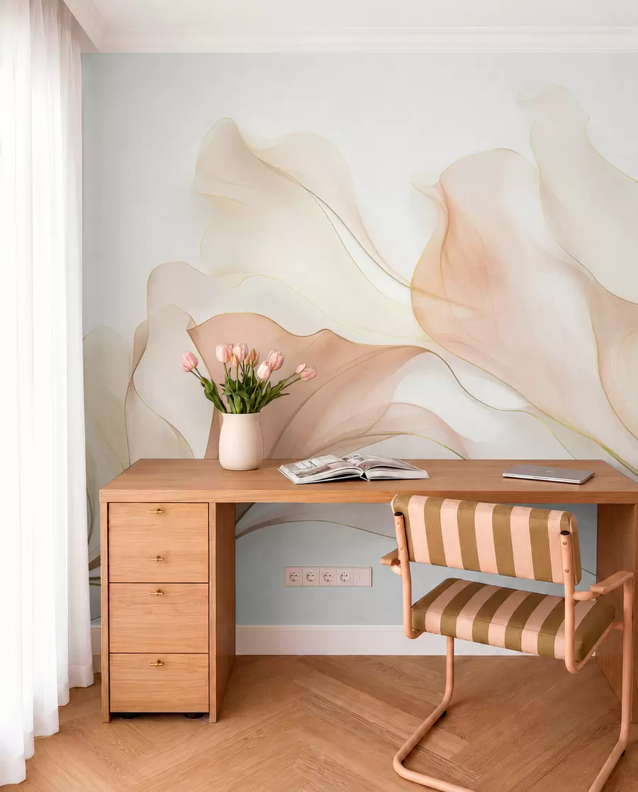 wall murals Апстрактна текућа текстура у нијансама брескве и крема са нежним линијама w09815