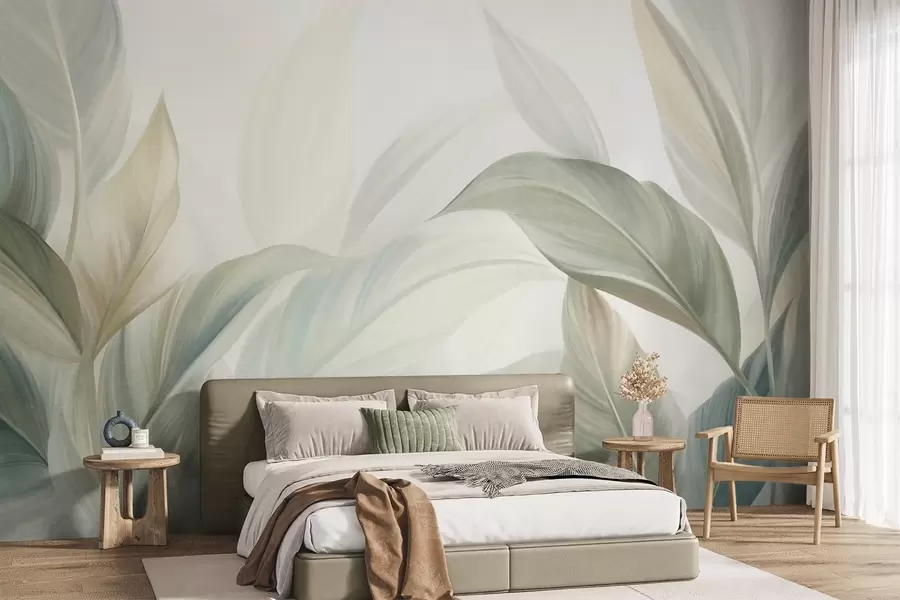 wall murals Велики, бледозелени тропски листови са меким, пастелним бојама, текстурирана уметност w09816