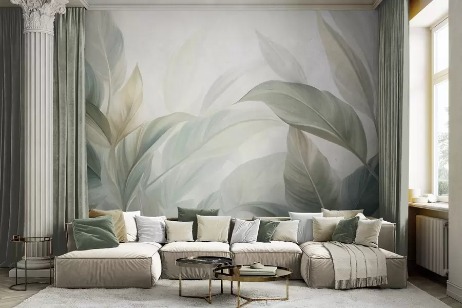 wall murals Велики, бледозелени тропски листови са меким, пастелним бојама, текстурирана уметност w09816