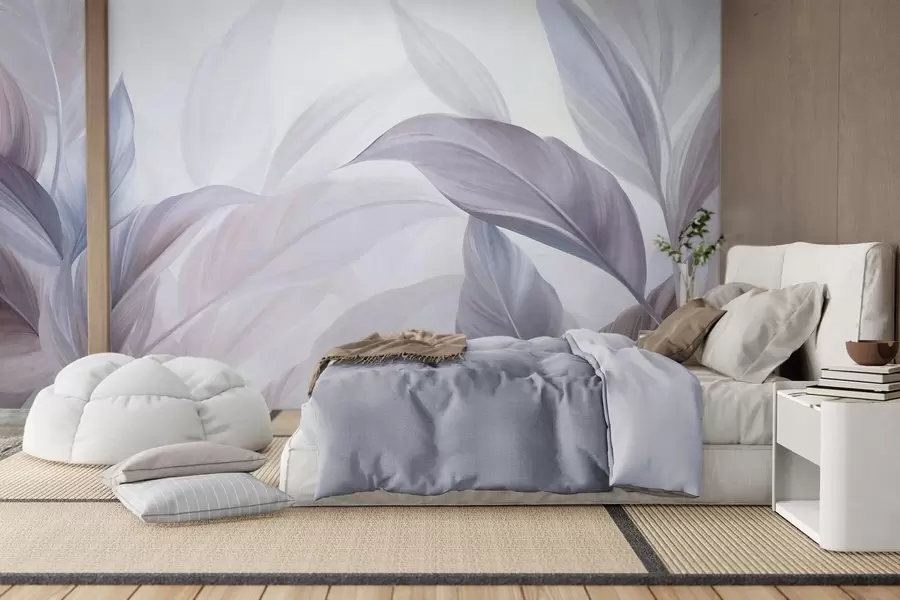 wall murals Велики, бледоплави и љубичасти тропски листови са меким, пастелним бојама, текстурирана уметност w09816v1