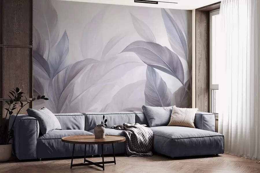 wall murals Велики, бледоплави и љубичасти тропски листови са меким, пастелним бојама, текстурирана уметност w09816v1
