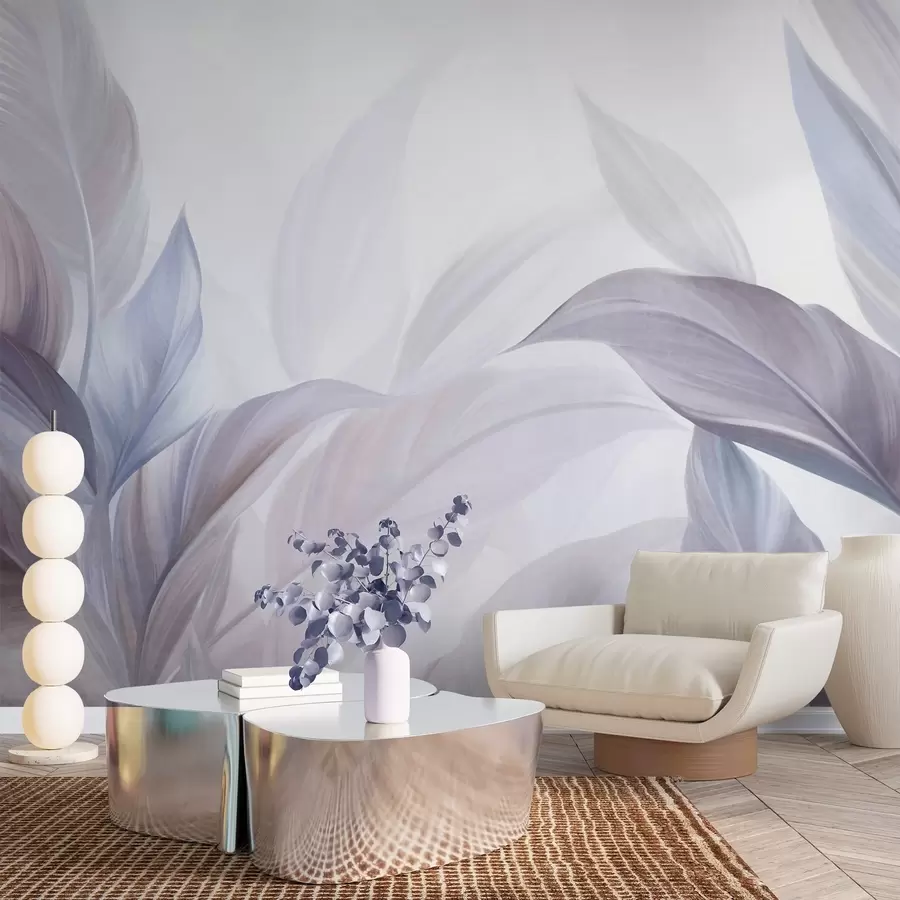 wall murals Велики, бледоплави и љубичасти тропски листови са меким, пастелним бојама, текстурирана уметност w09816v1