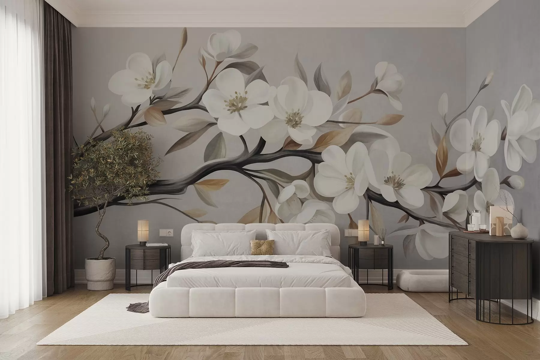 wall murals Текстурирана грана са белим цветовима и смеђим листовима на светло сивој позадини w09817