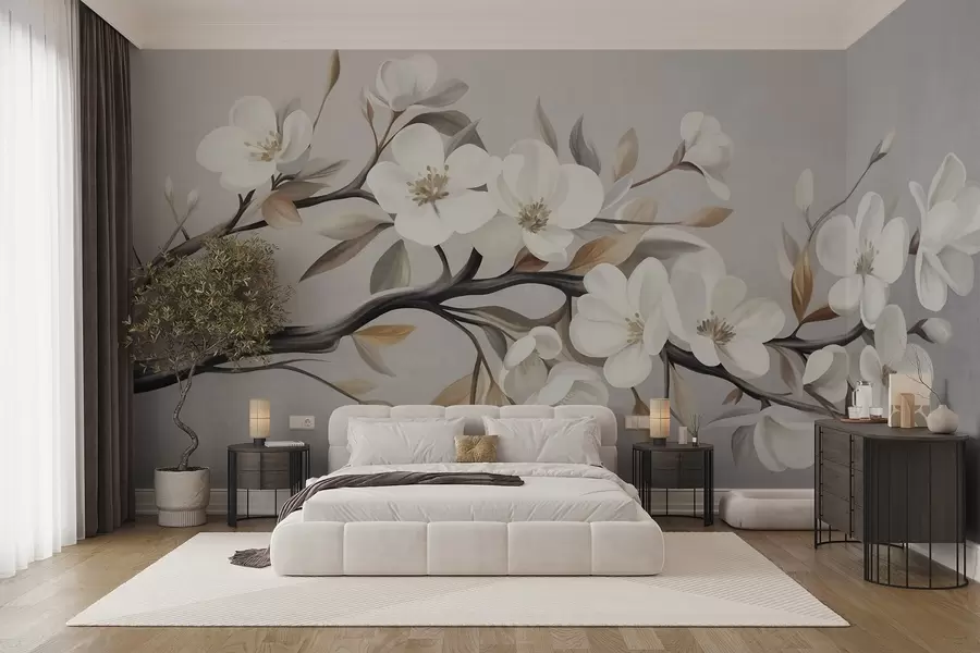 wall murals Текстурирана грана са белим цветовима и смеђим листовима на светло сивој позадини w09817