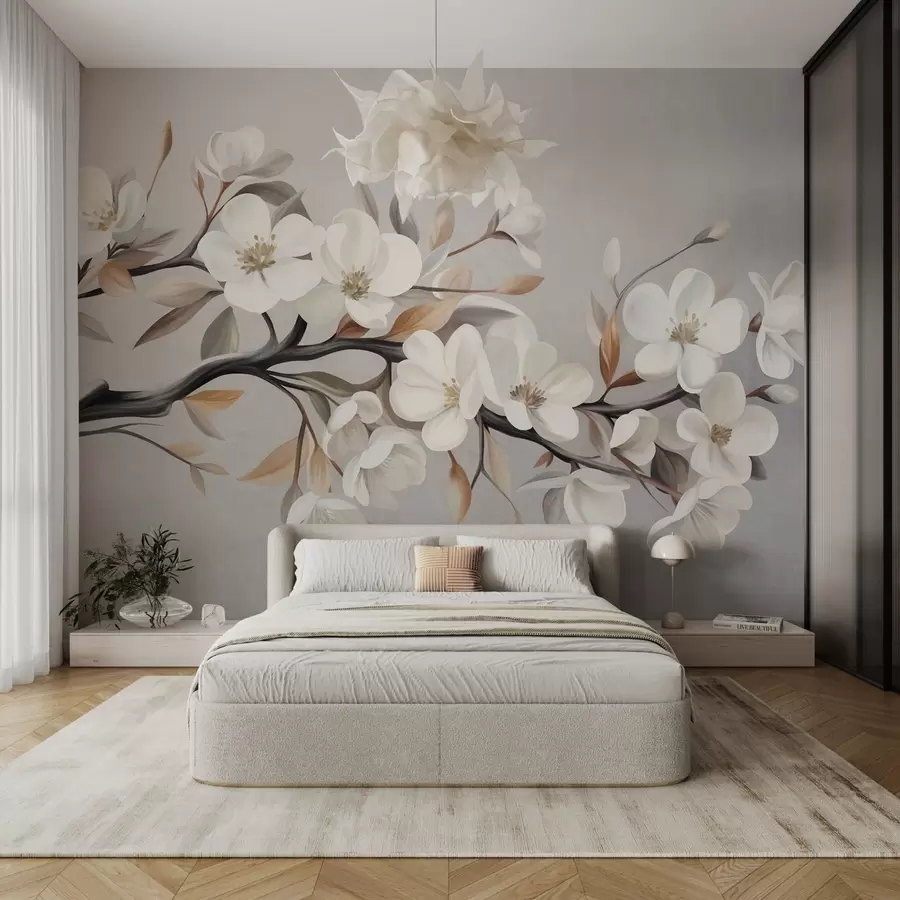 wall murals Текстурирана грана са белим цветовима и смеђим листовима на светло сивој позадини w09817